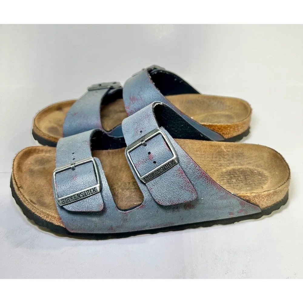 Birkenstock Arizona Sandals Distressed Blue Red Two Strap Slides approx 39